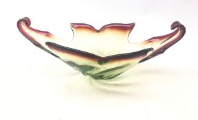 Murano style art glass centrepiece bowl of curling leaf design coloured with red,