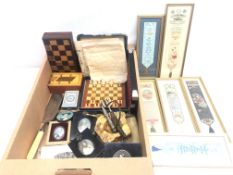 Vintage travelling chess set, collection of 20th century miniatures, six framed book markers,