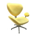 Scandinavian shaped chair, upholstered in a yellow vinyl, metal frame, five spoke supports,