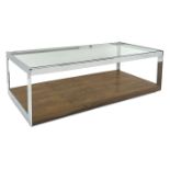 Merrow Associates chrome framed glass top coffee table, walnut under tier on castors, W122cm, H41cm,