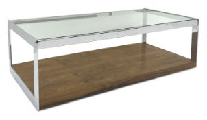 Merrow Associates chrome framed glass top coffee table, walnut under tier on castors, W122cm, H41cm,