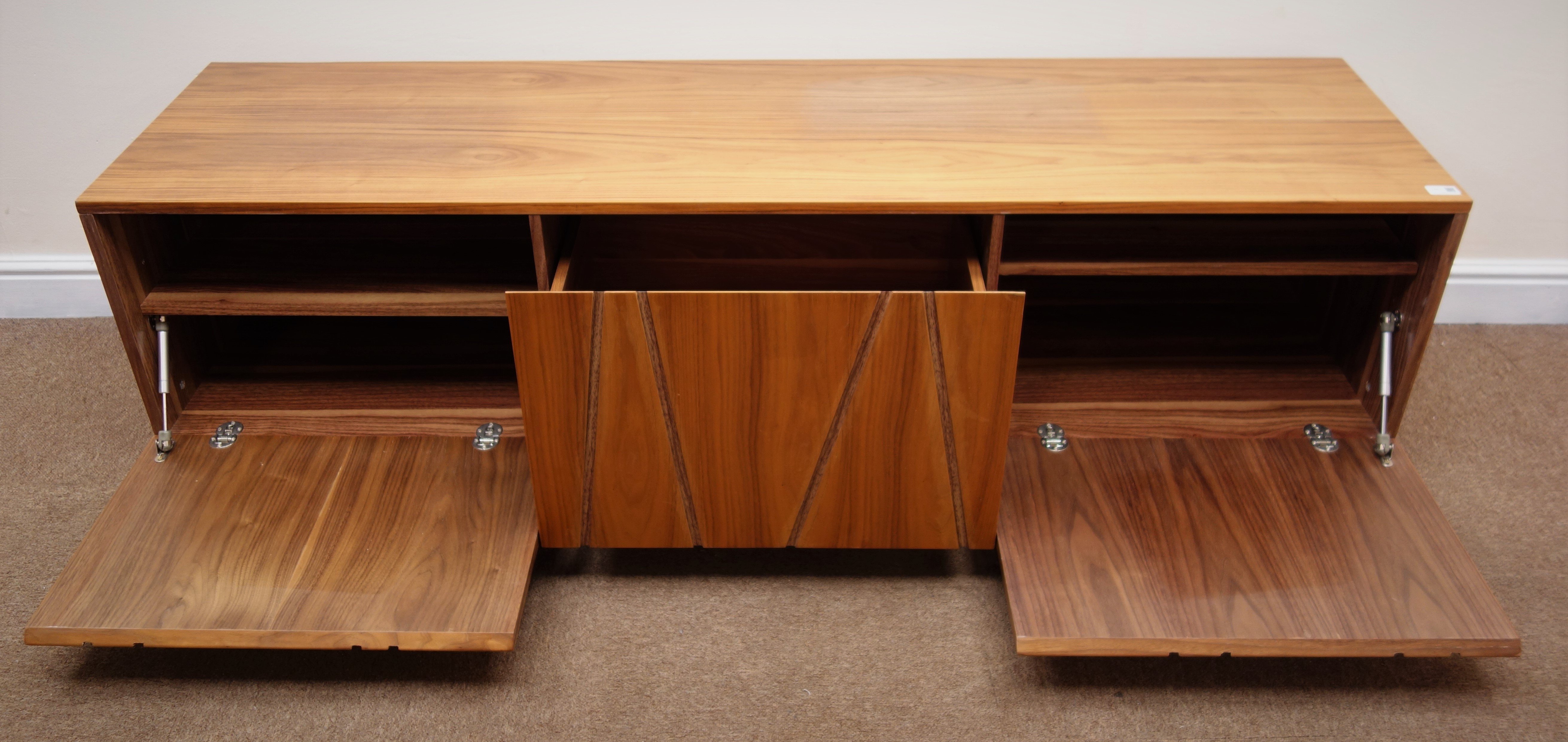 Dwell Furniture walnut low console unit, two fall front units flanking single central drawer, - Image 3 of 3