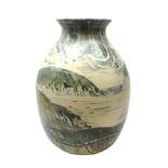 John Egerton (c1945-): studio pottery stoneware vase decorated with stylized coastal scene,