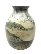 John Egerton (c1945-): studio pottery stoneware vase decorated with stylized coastal scene,