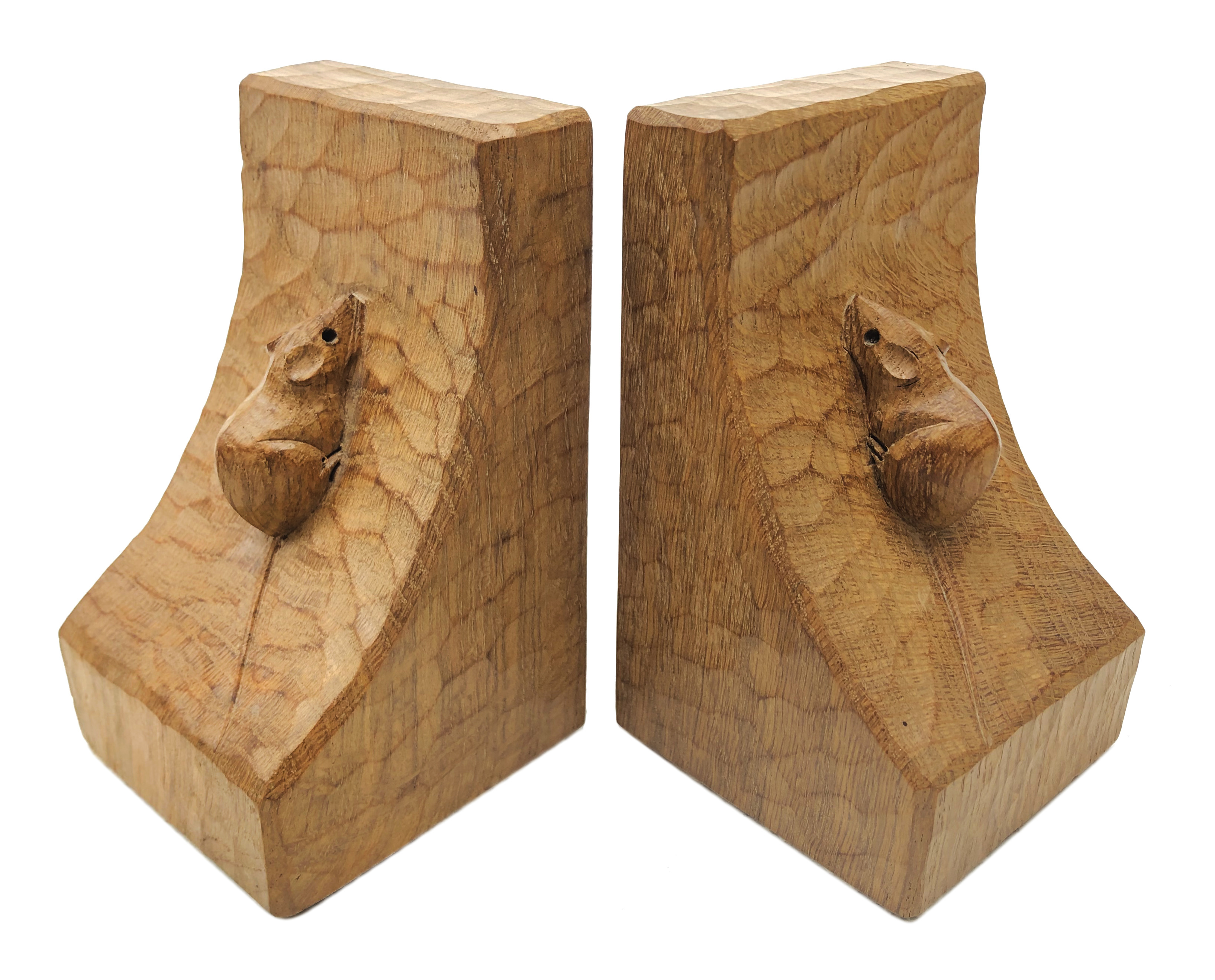'Mouseman' pair adzed oak bookends by Robert Thompson of Kilburn, H15.