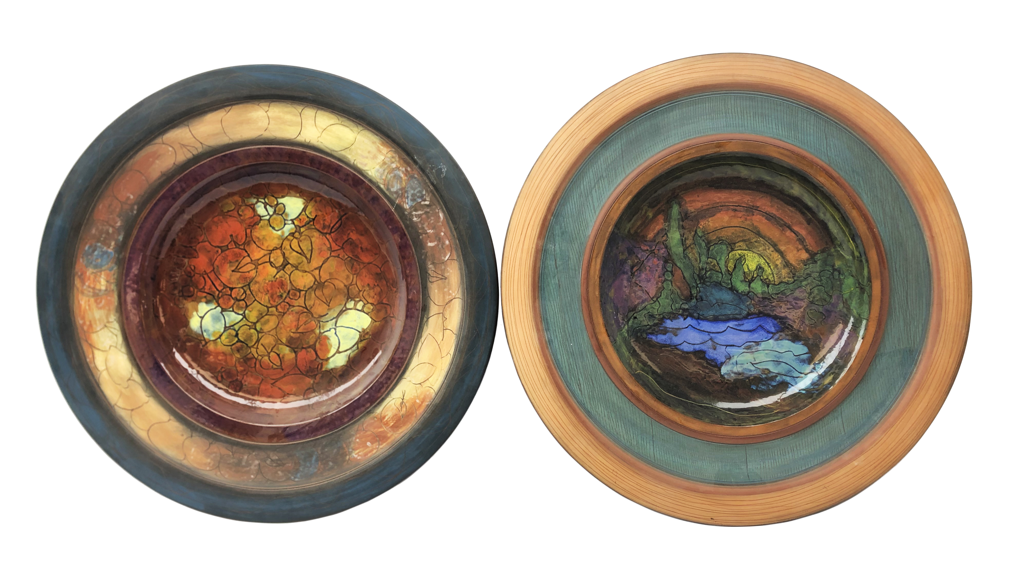 Jackie Walton, two large terracotta shallow bowls, partly glazed with floral and landscape scenes,