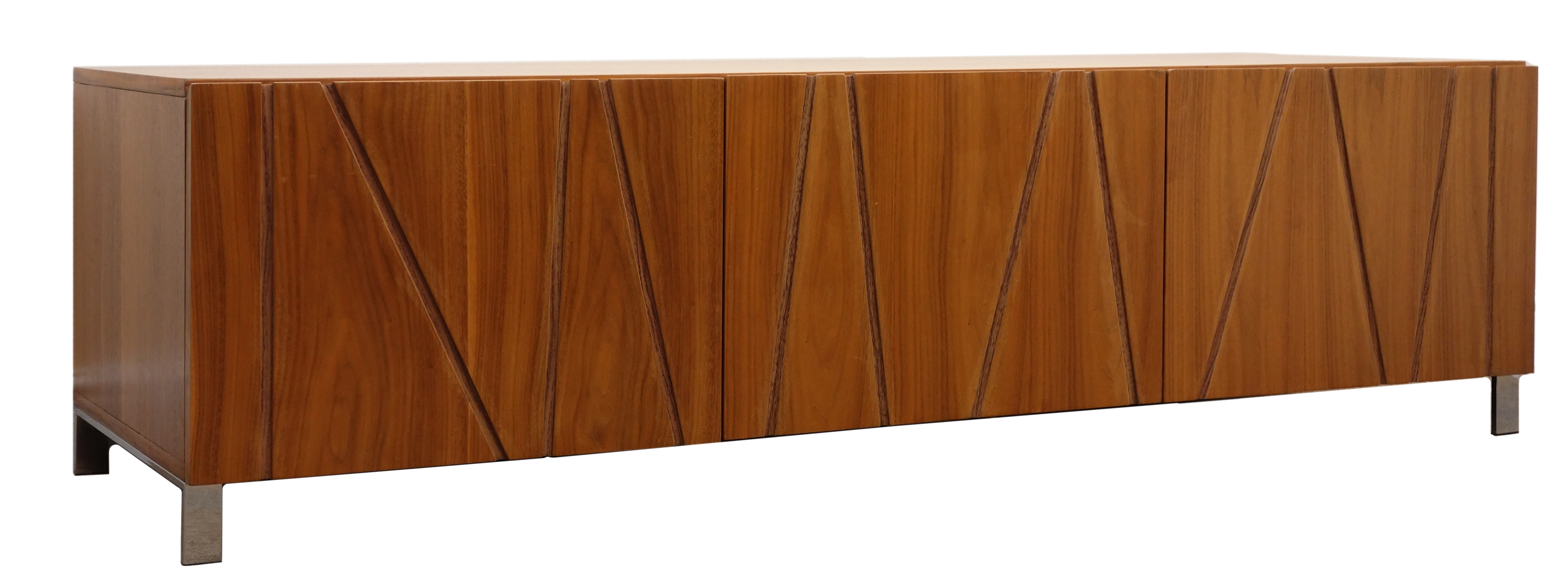 Dwell Furniture walnut low console unit, two fall front units flanking single central drawer,