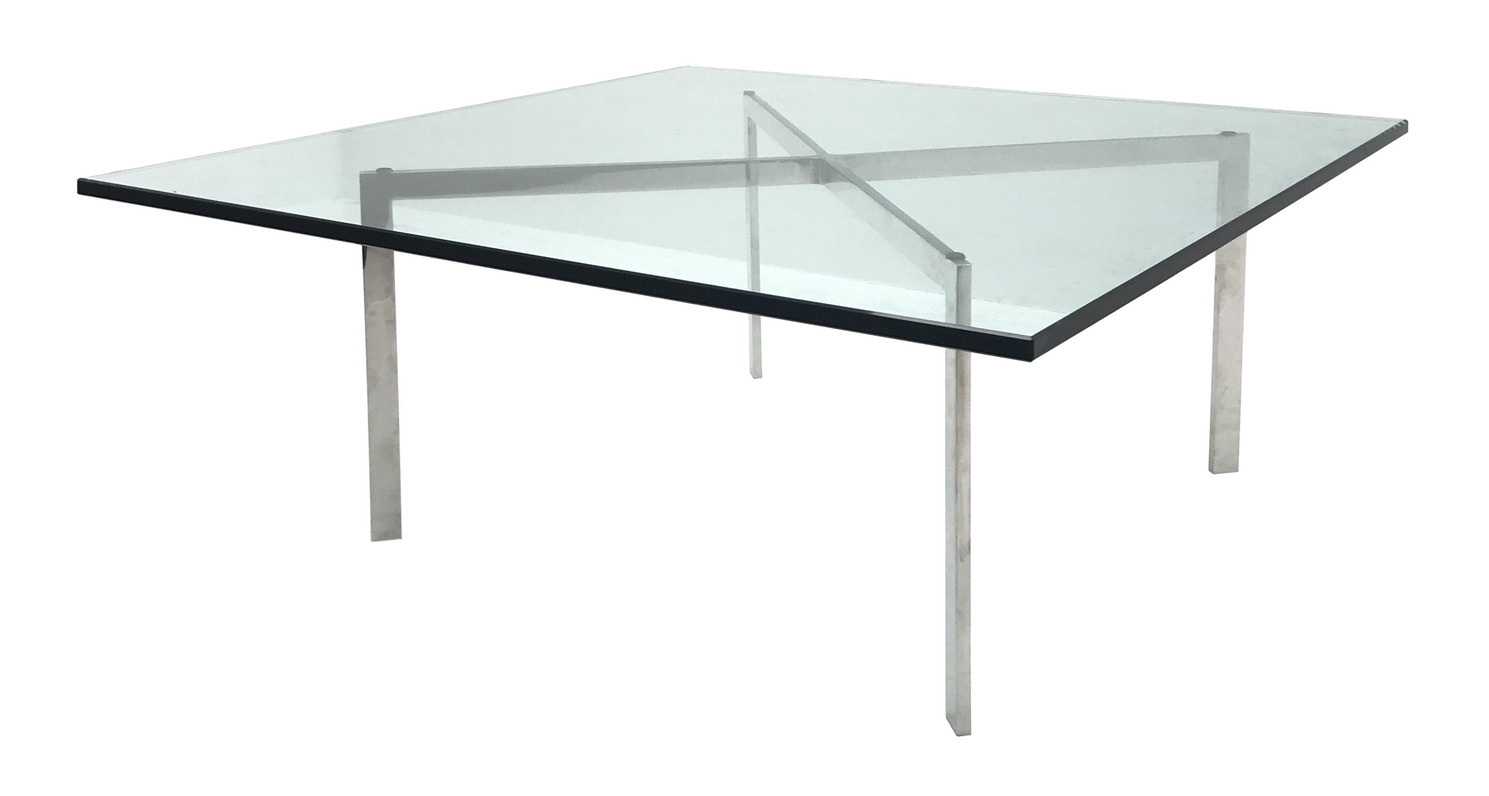 Square glass top coffee table, 'X' framed chrome supports, W102cm, H43cm,