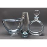 Strombergshyttan circular decanter with disc stopper no. e209 and boat shaped vase no.
