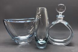 Strombergshyttan circular decanter with disc stopper no. e209 and boat shaped vase no.