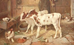 J Galt (British 19th/20th century): Stable Interior with Calves and Hens,