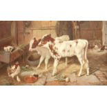 J Galt (British 19th/20th century): Stable Interior with Calves and Hens,