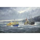 Jack Rigg (British 1927-): Whitby Lifeboat and a Trawler off the Coast,