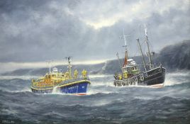 Jack Rigg (British 1927-): Whitby Lifeboat and a Trawler off the Coast,