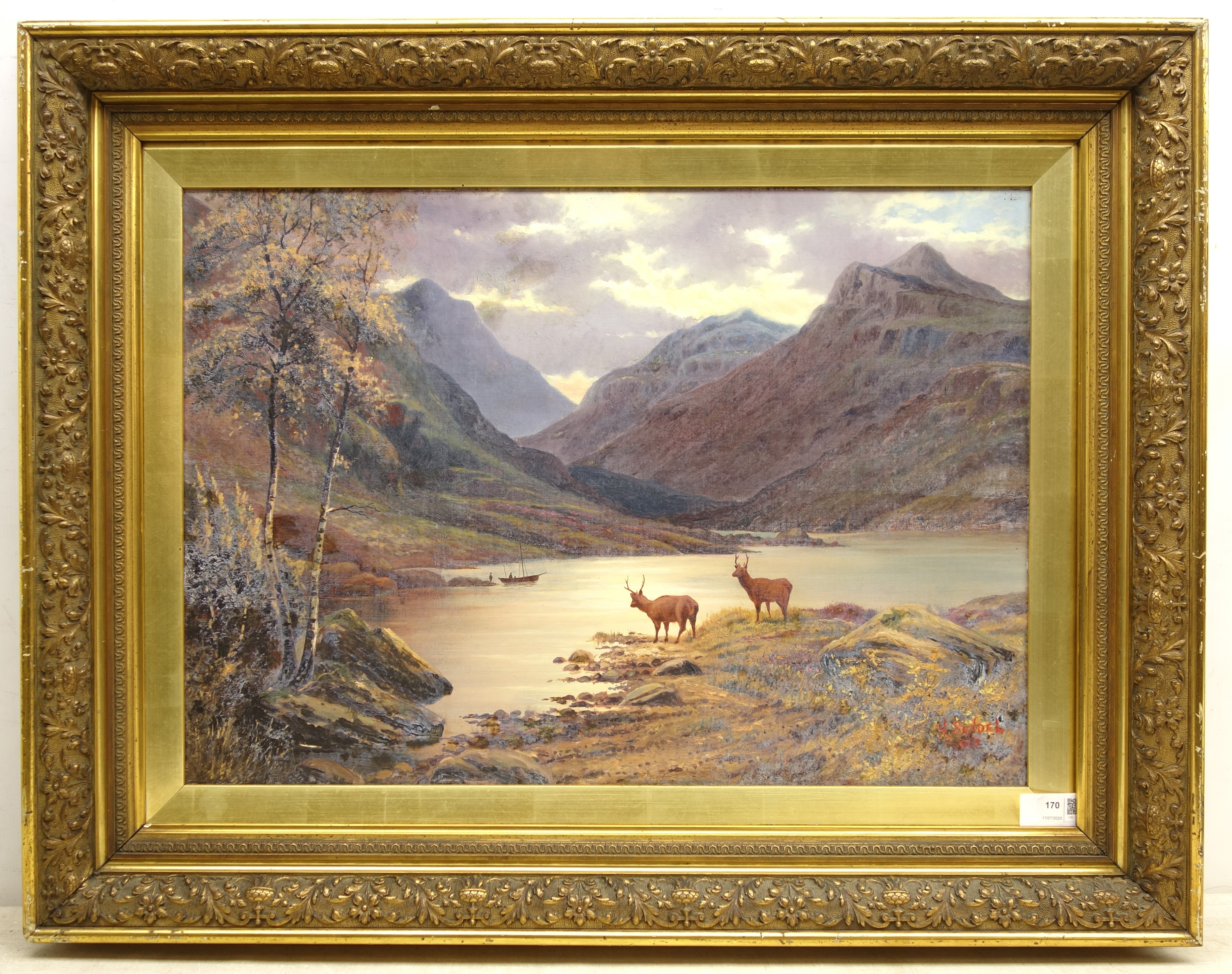 H Sandell (19th/20th century): Stags by the Lochside, oil on canvas signed and dated '04, - Image 3 of 4