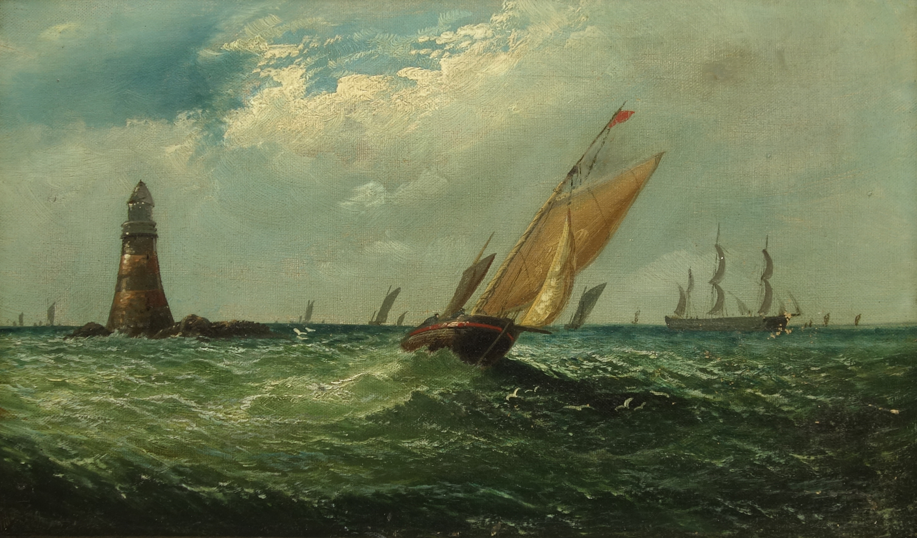 English School (19th century): Fishing Boat rounding the Lighthouse,