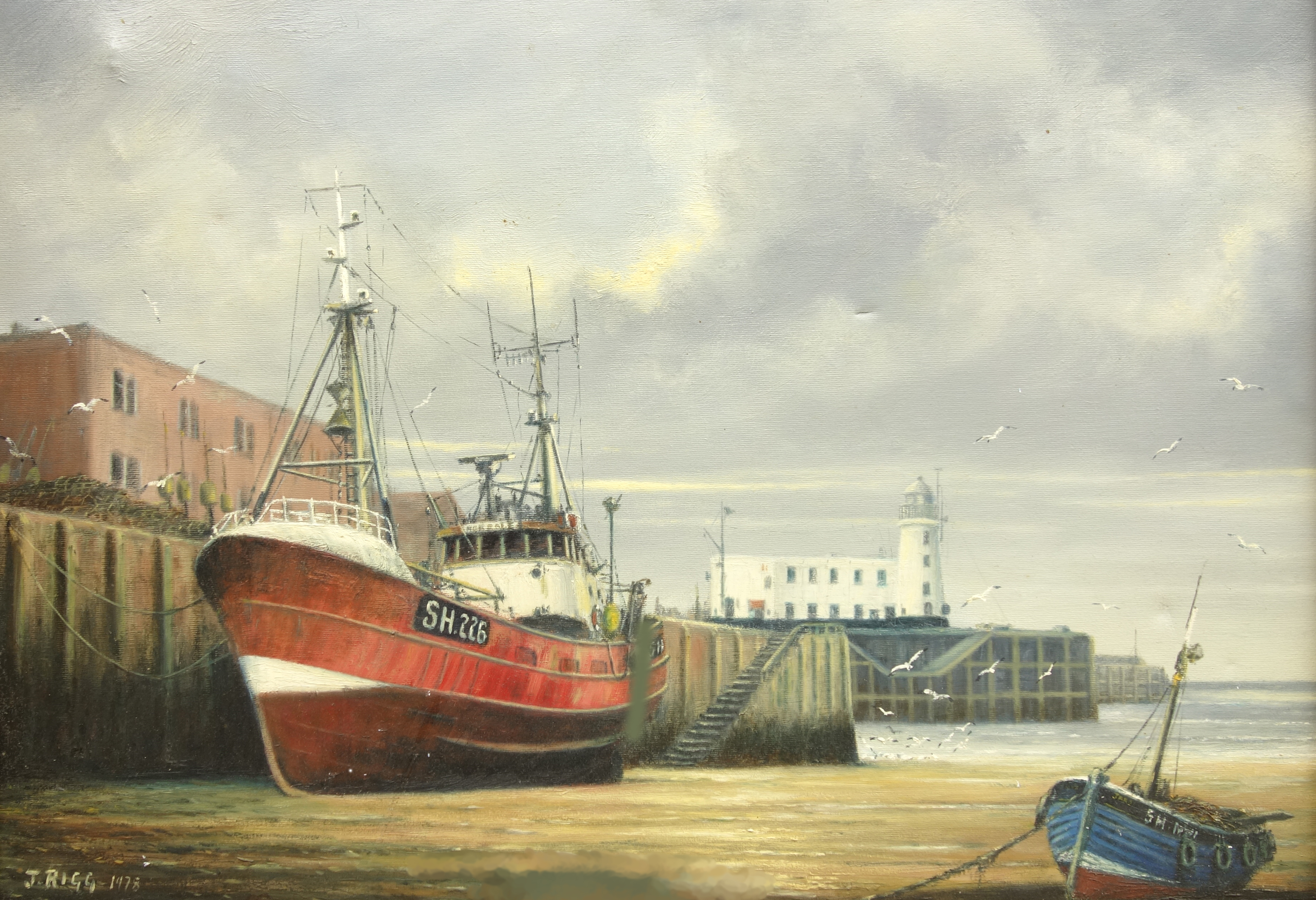 Jack Rigg (British 1927-): Scarborough Trawler SH226 by the West Pier at 'Low Tide',