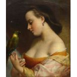 Continental School (19th Century): Girl with a Parrot, oil on canvas unsigned