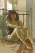 Ken Howard (British 1932-): 'Dora' the artist's wife seated on a bed,