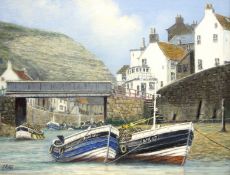 Jack Rigg (British 1927-): Moored Cobles in Staithes Beck,