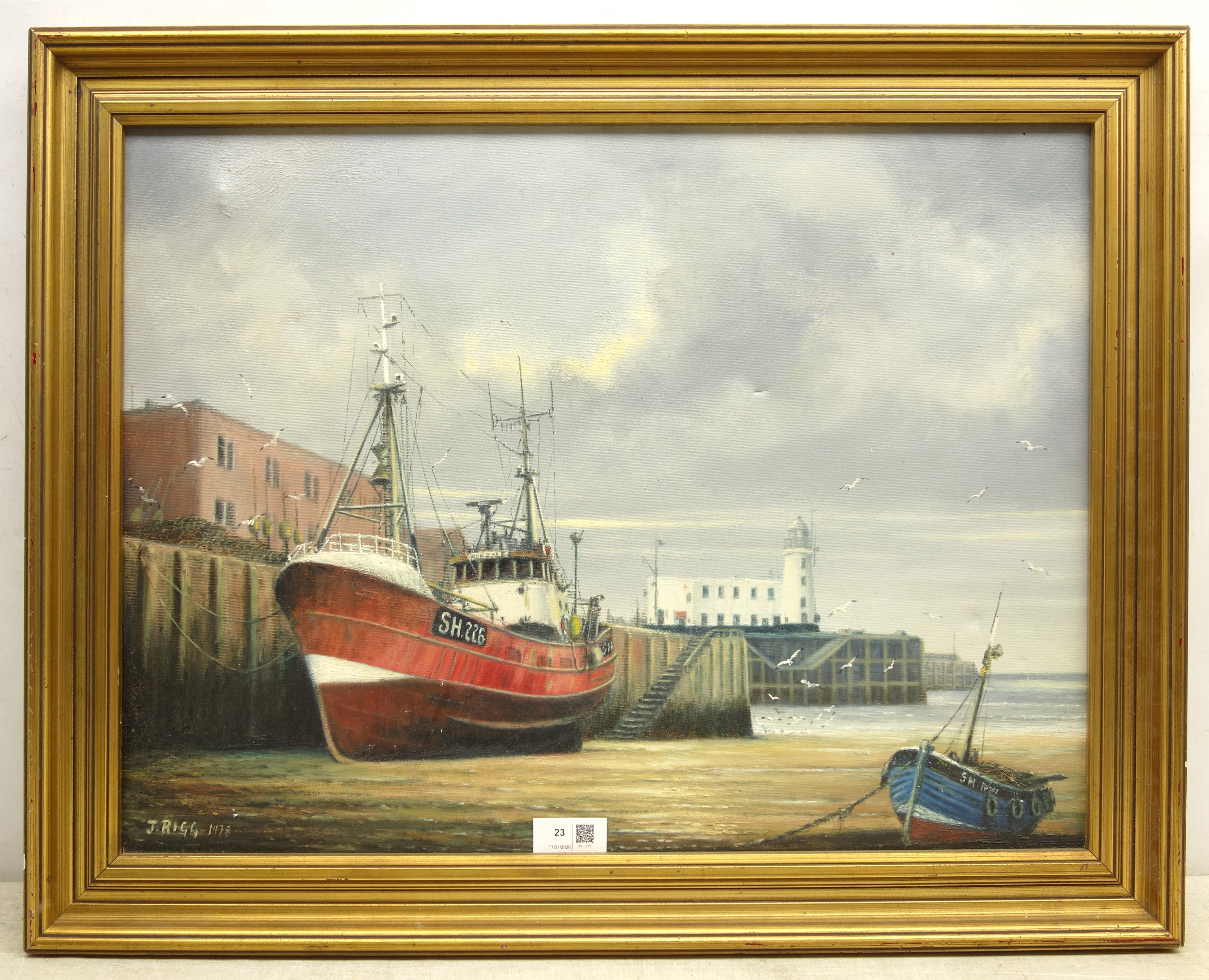 Jack Rigg (British 1927-): Scarborough Trawler SH226 by the West Pier at 'Low Tide', - Image 2 of 2