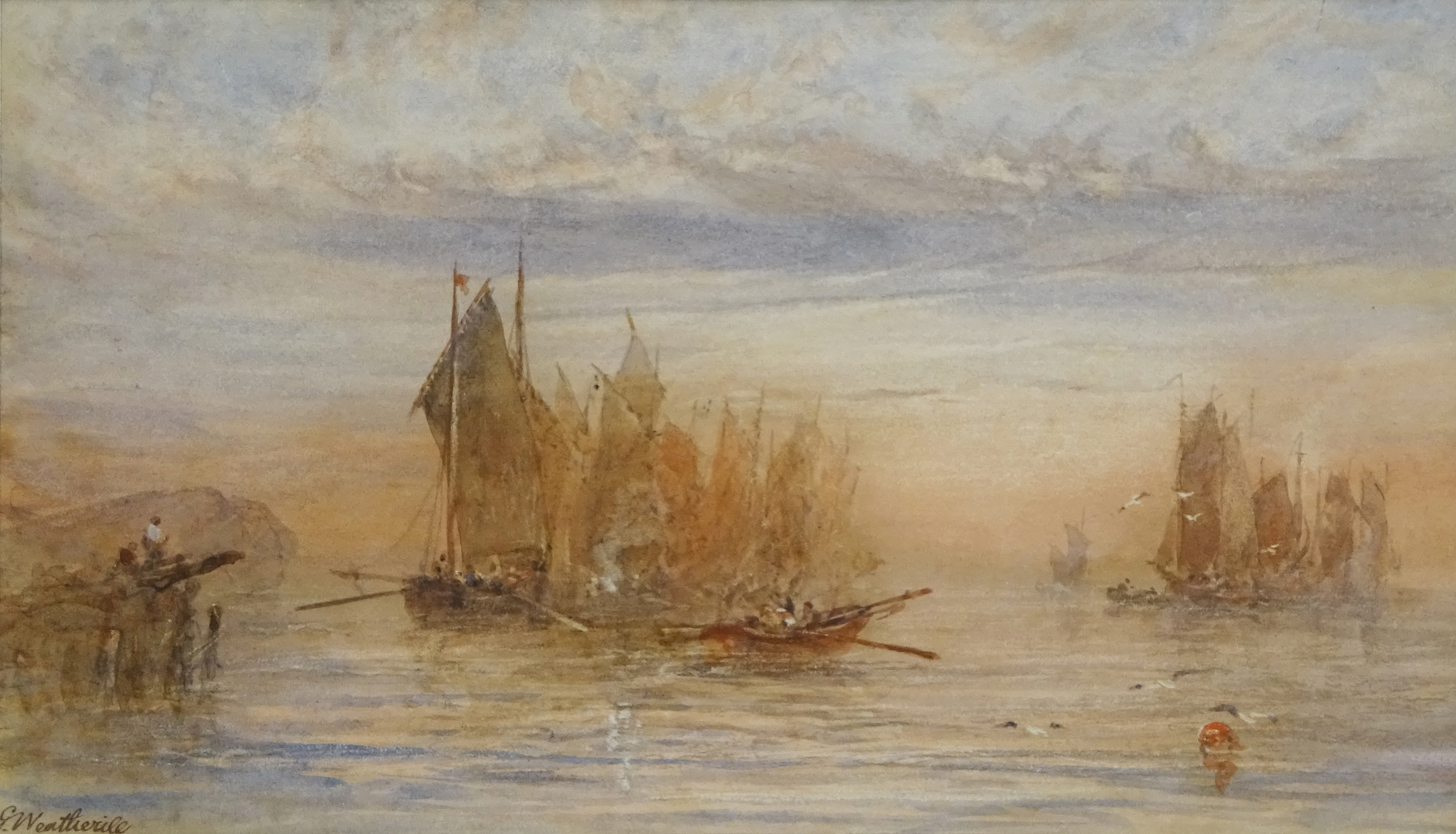 George Weatherill (British 1810-1890): Fishing Boats Becalmed at Sunset Whitby,