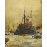 Charles Edward Dixon (British 1872-1934): Cunard Liner with Steam Tugs on a Busy River,