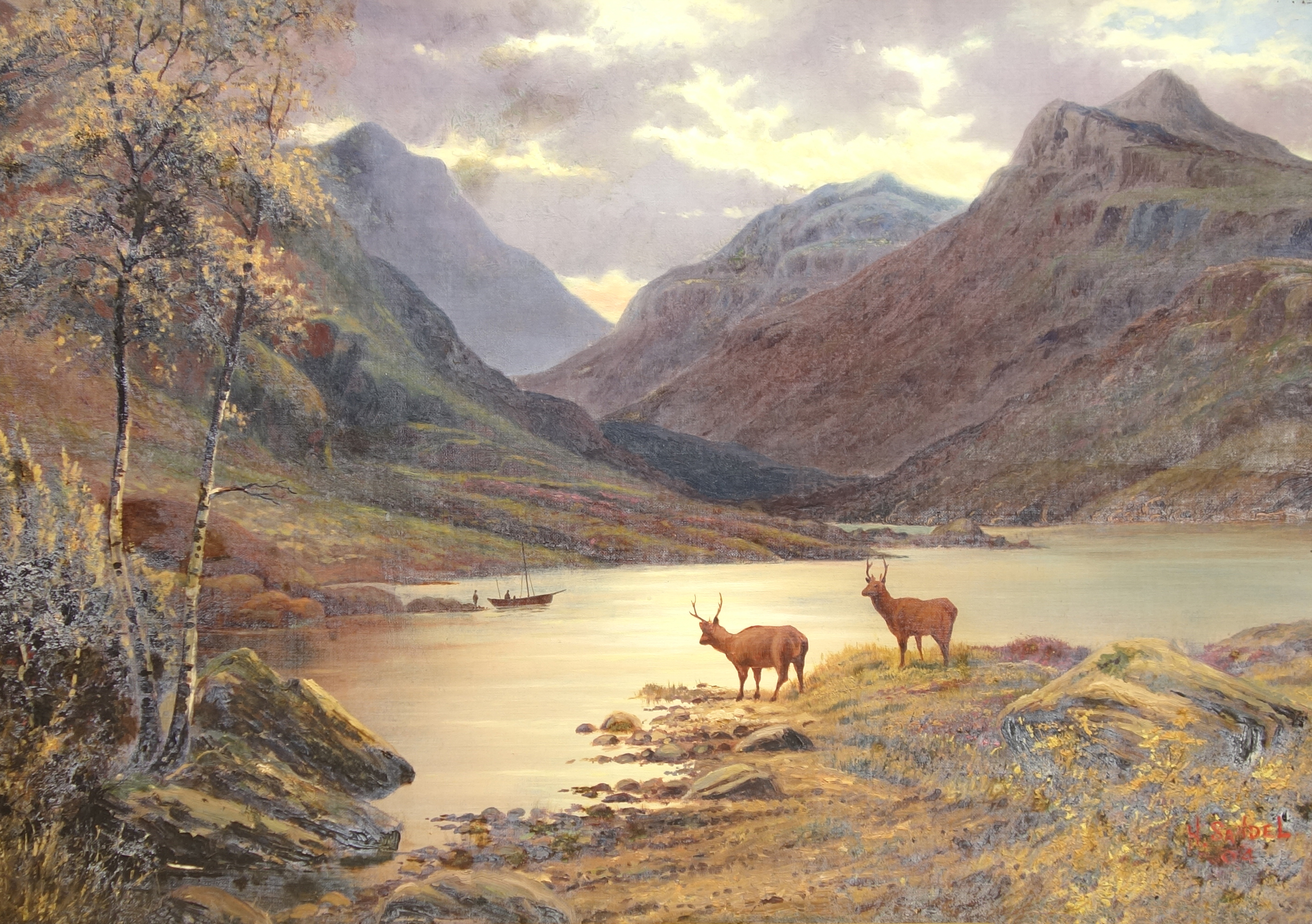 H Sandell (19th/20th century): Stags by the Lochside, oil on canvas signed and dated '04,