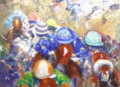 Geoff Price (British 1937-2016): Jockeys, oil on canvas signed, signed verso 69cm x 126cm,