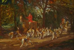 Geoffrey Mortimer (British 1896-1986): Riding to Hounds through Woodland,