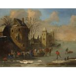 Dutch School (19th century): Winter Townscape with Horses and Figures on a Frozen River,