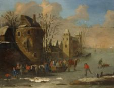 Dutch School (19th century): Winter Townscape with Horses and Figures on a Frozen River,