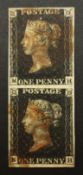 Great Britain Queen Victoria penny black stamp vertical pair, both with red MX cancel,