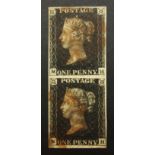 Great Britain Queen Victoria penny black stamp vertical pair, both with red MX cancel,