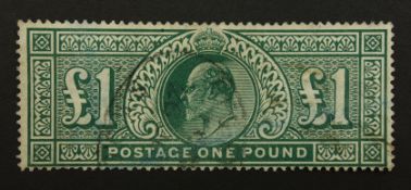 Great Britain King Edward VII (1911-13) used one pound green stamp, S.G.