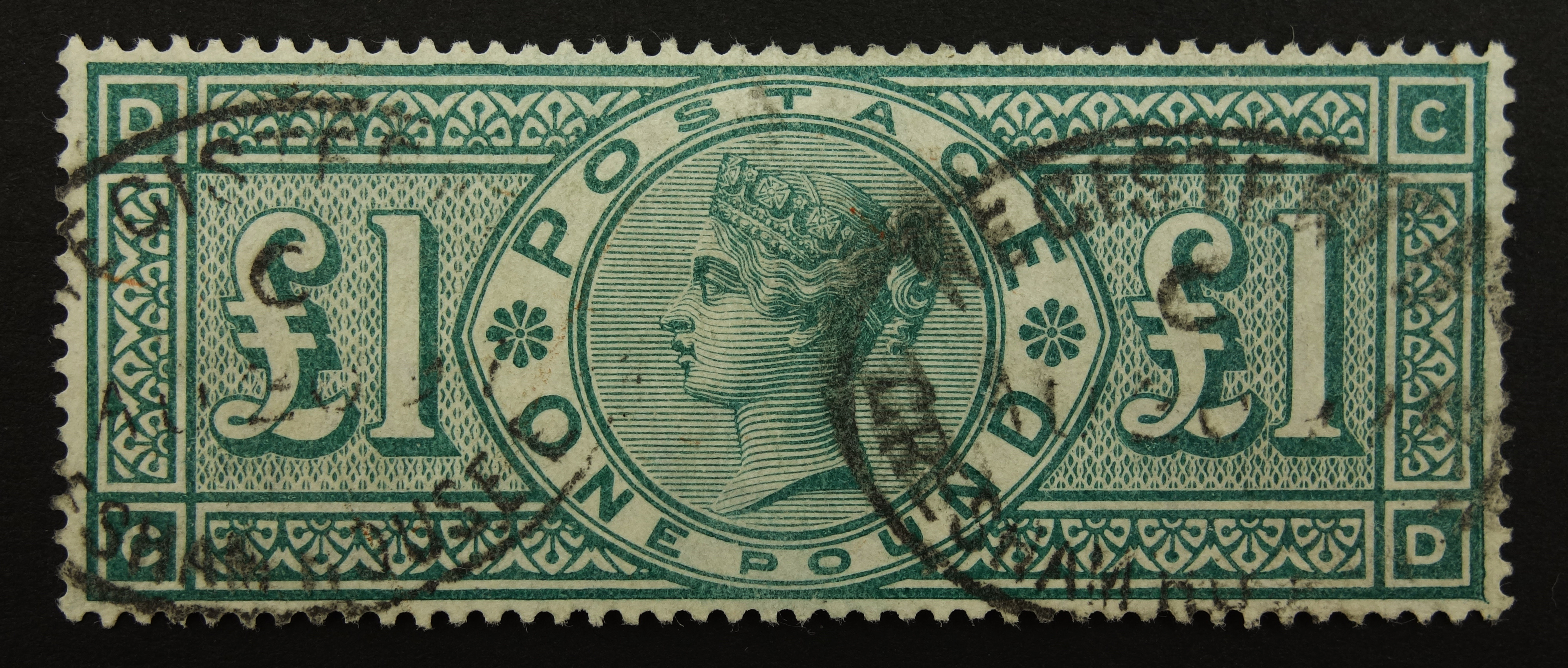 Great Britain Queen Victoria (1887-92) used one pound green stamp, S.G.