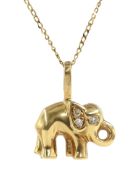 14ct gold cubic zirconia elephant pendant stamped 585, on gold chain,