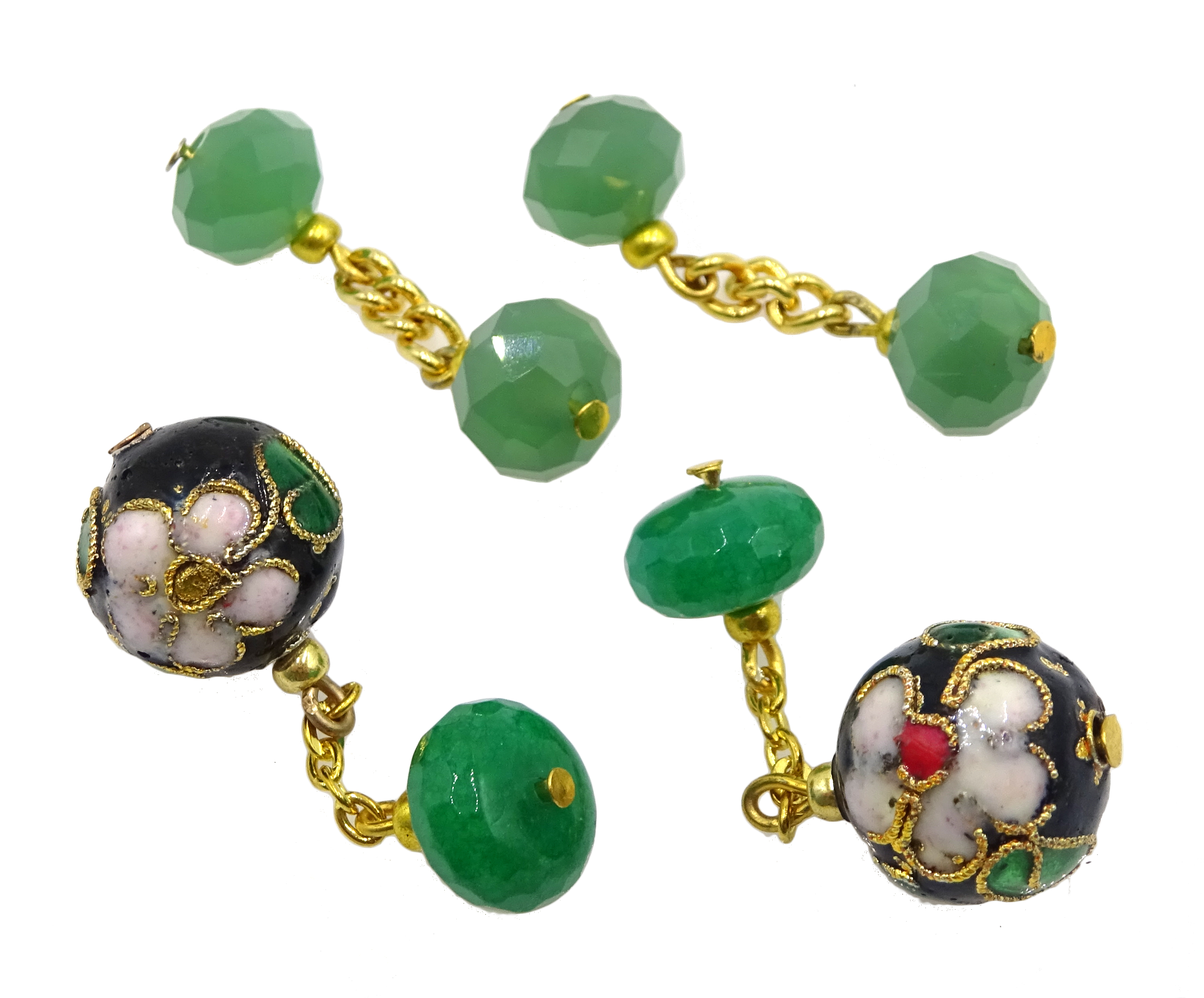 Emerald bead and cloisonne cufflinks and a pair of jade cufflinks Condition Report