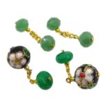 Emerald bead and cloisonne cufflinks and a pair of jade cufflinks Condition Report