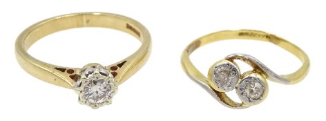 18ct gold (tested) two stone diamond crossover ring and 9ct gold single stone diamond ring,