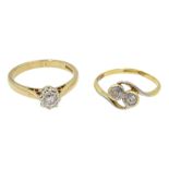 18ct gold (tested) two stone diamond crossover ring and 9ct gold single stone diamond ring,