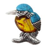 Silver turquoise and Baltic amber king fisher brooch Condition Report max length =