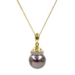Gold Tahitian cultured pearl and diamond pendant, stamped 18K, on 9ct gold necklace,