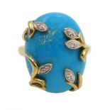 9ct gold oval turquoise and diamond leaf overlay ring,