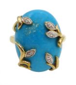 9ct gold oval turquoise and diamond leaf overlay ring,