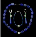 Lapis lazuli and faceted emerald bead necklace, with leopard head,
