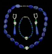 Lapis lazuli and faceted emerald bead necklace, with leopard head,