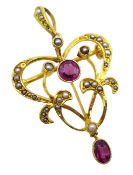 Gold pink garnet and split seed pearl pendant/brooch,