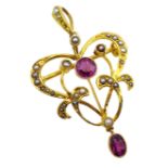 Gold pink garnet and split seed pearl pendant/brooch,