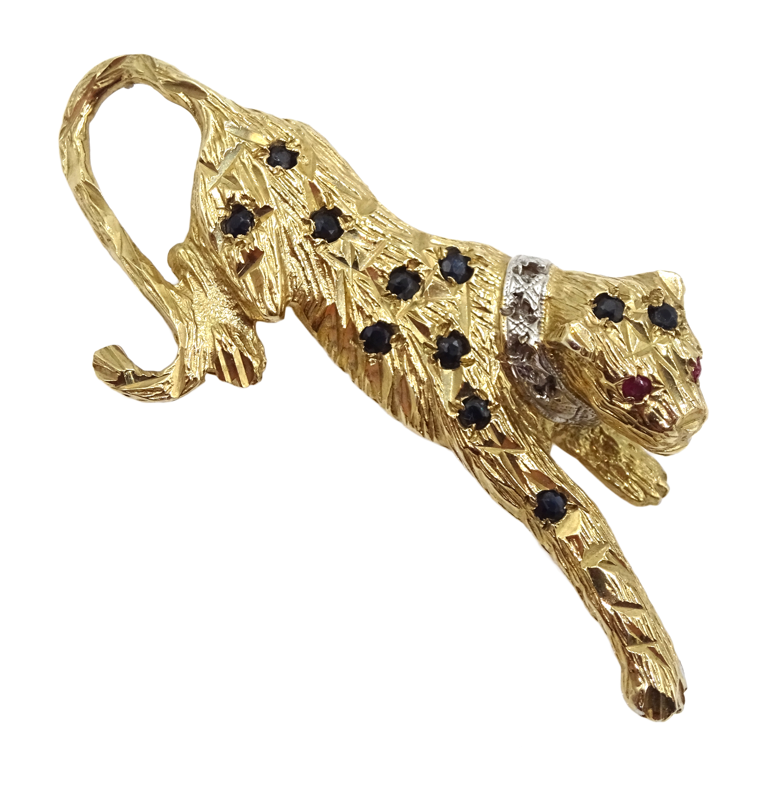 9ct gold leopard brooch set with sapphires and rubies and diamonds,